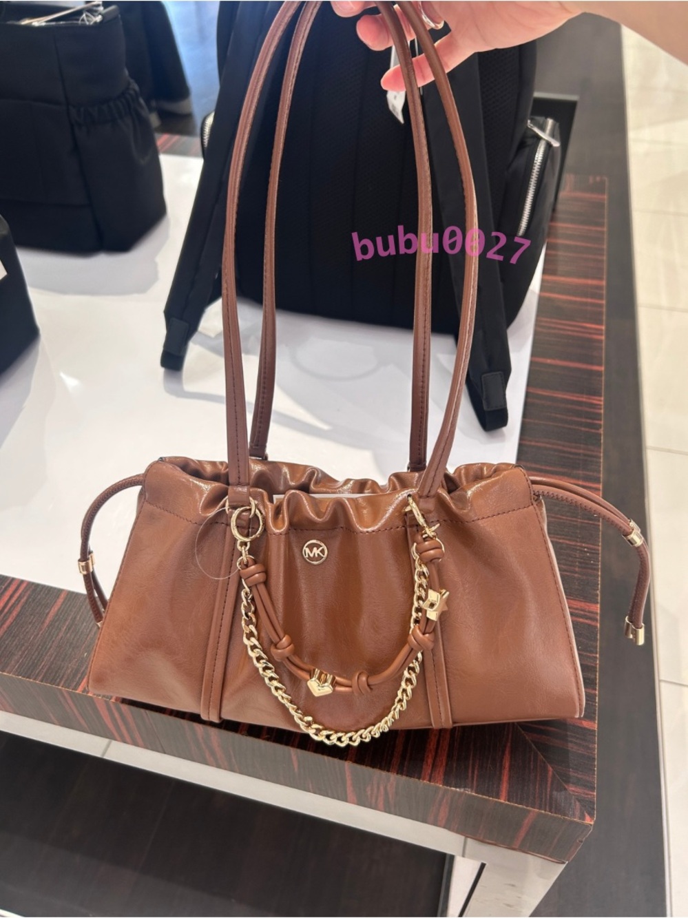 NWT🍫Michael Kors Matilda Small Cinched Shoulder Bag Luggage Brown Charm y2k